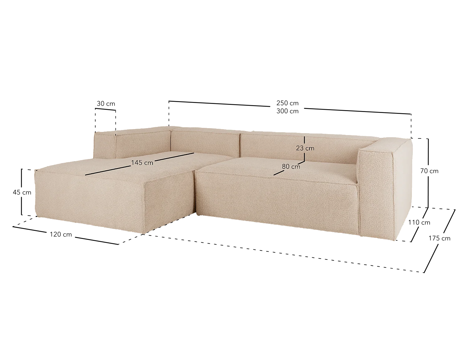 Sofá 4 plazas y chaise longue derecho color marrón 250x175cm - LOLA - DECOWOOD