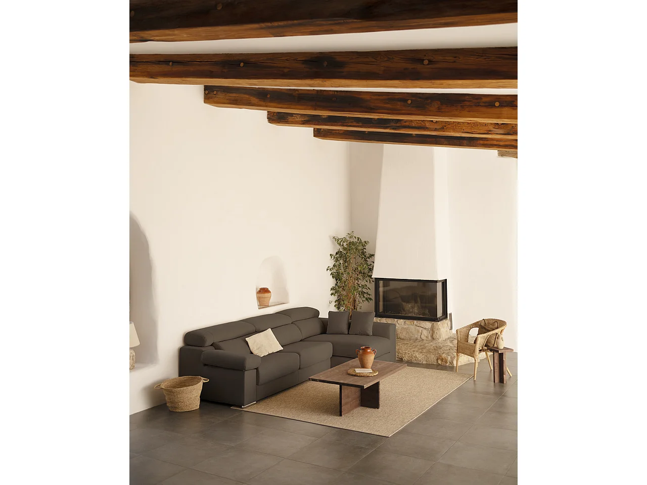 Sofá 4/5 plazas y chaise longue derecho color gris oscuro 300x168cm - SANDRA - DECOWOOD