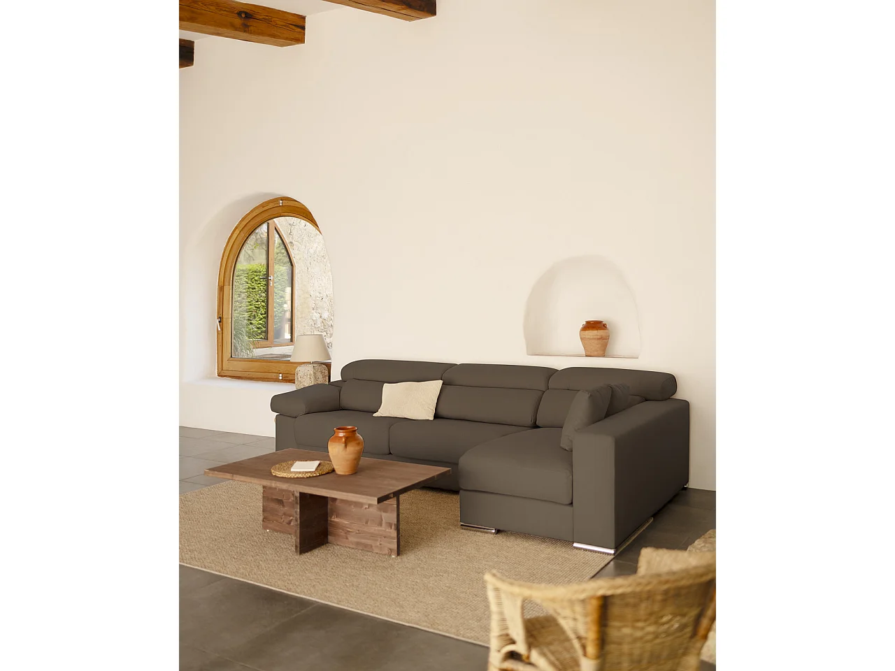 Sofá 4/5 plazas y chaise longue derecho color gris oscuro 300x168cm - SANDRA - DECOWOOD