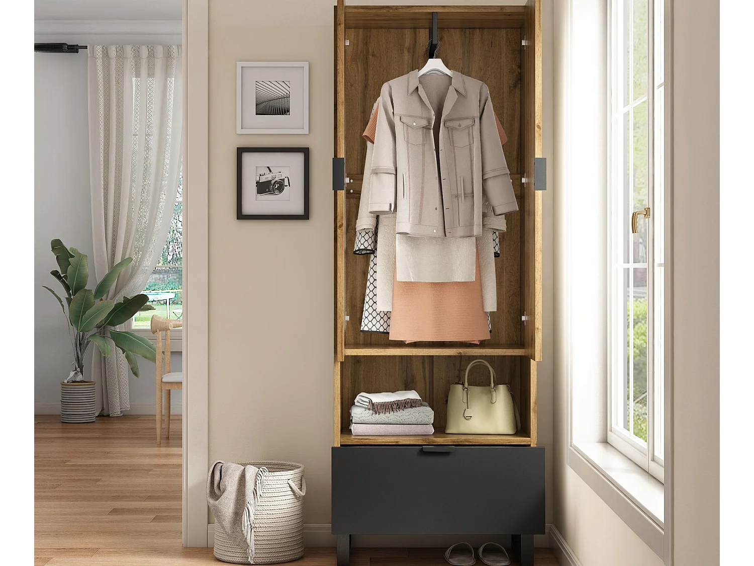 Vestiaire avec tiroir et compartiment - avec tringle à vêtements - Naturel