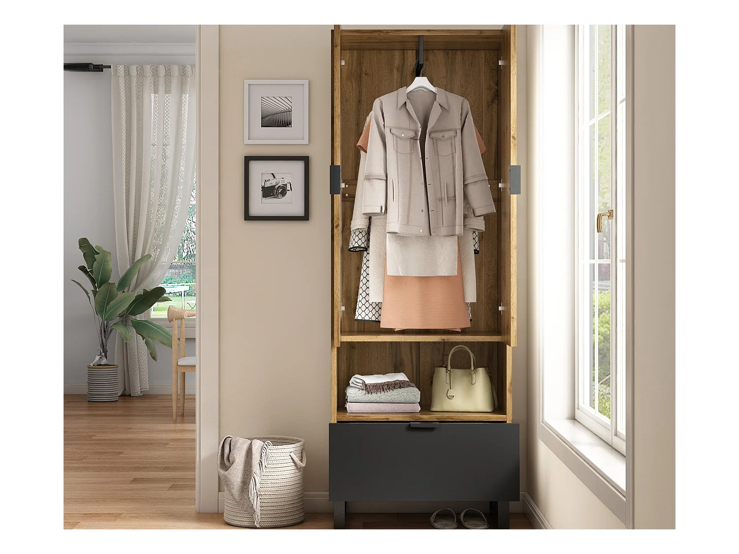 Garderobe mit Schublade und Fach - mit Kleiderstange - Natur