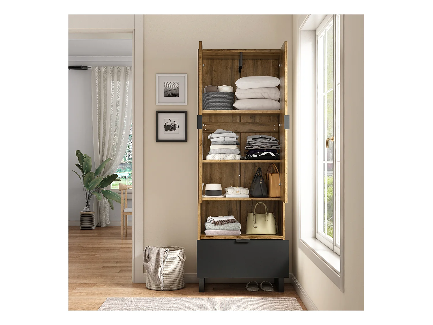 Vestiaire avec tiroir et compartiment - avec tringle à vêtements - Naturel