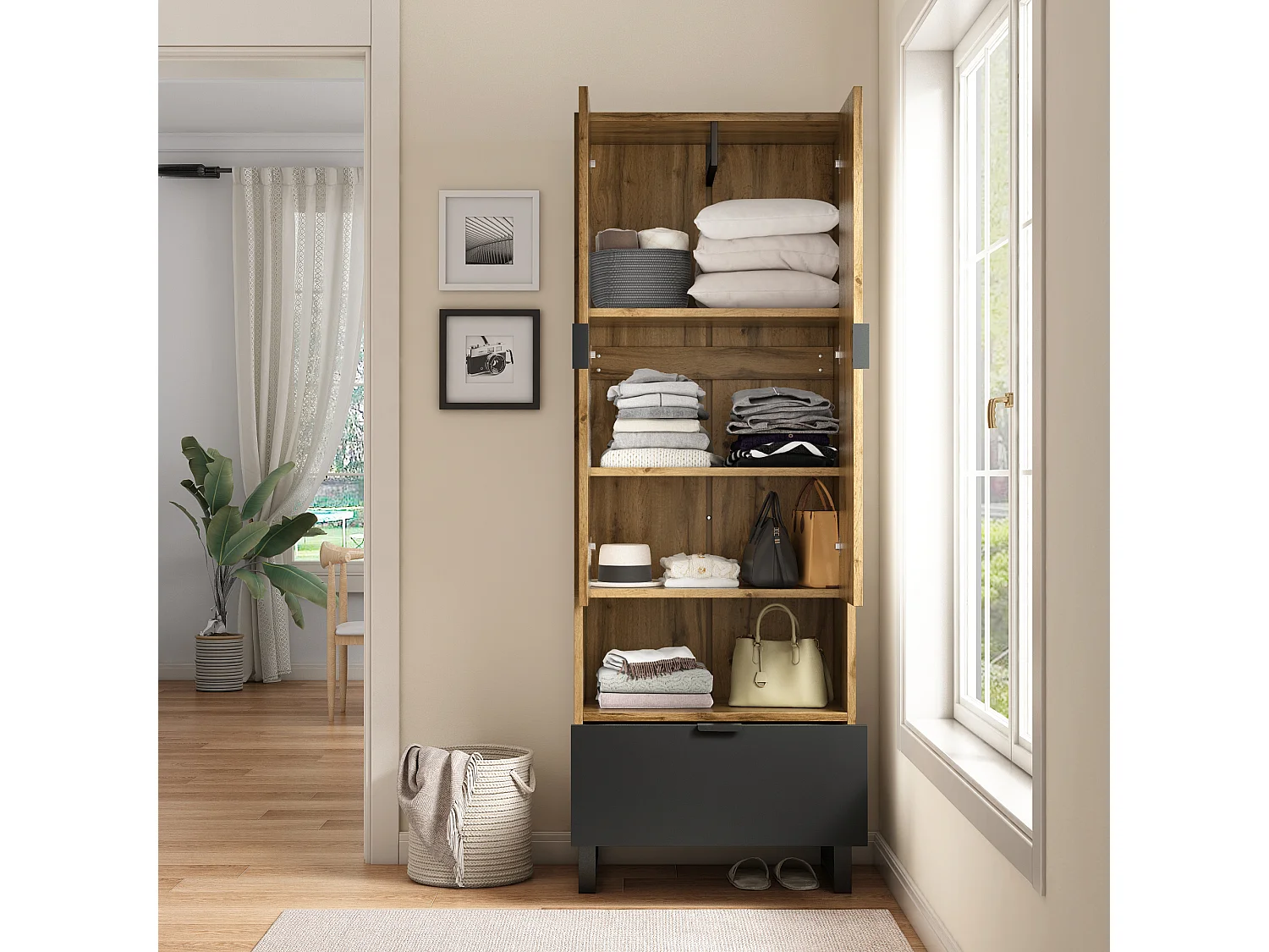 Vestiaire avec tiroir et compartiment - avec tringle à vêtements - Naturel