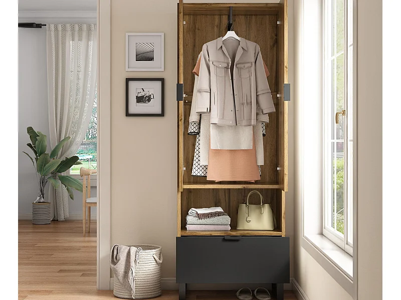 Vestiaire avec tiroir et compartiment - avec tringle à vêtements - Naturel