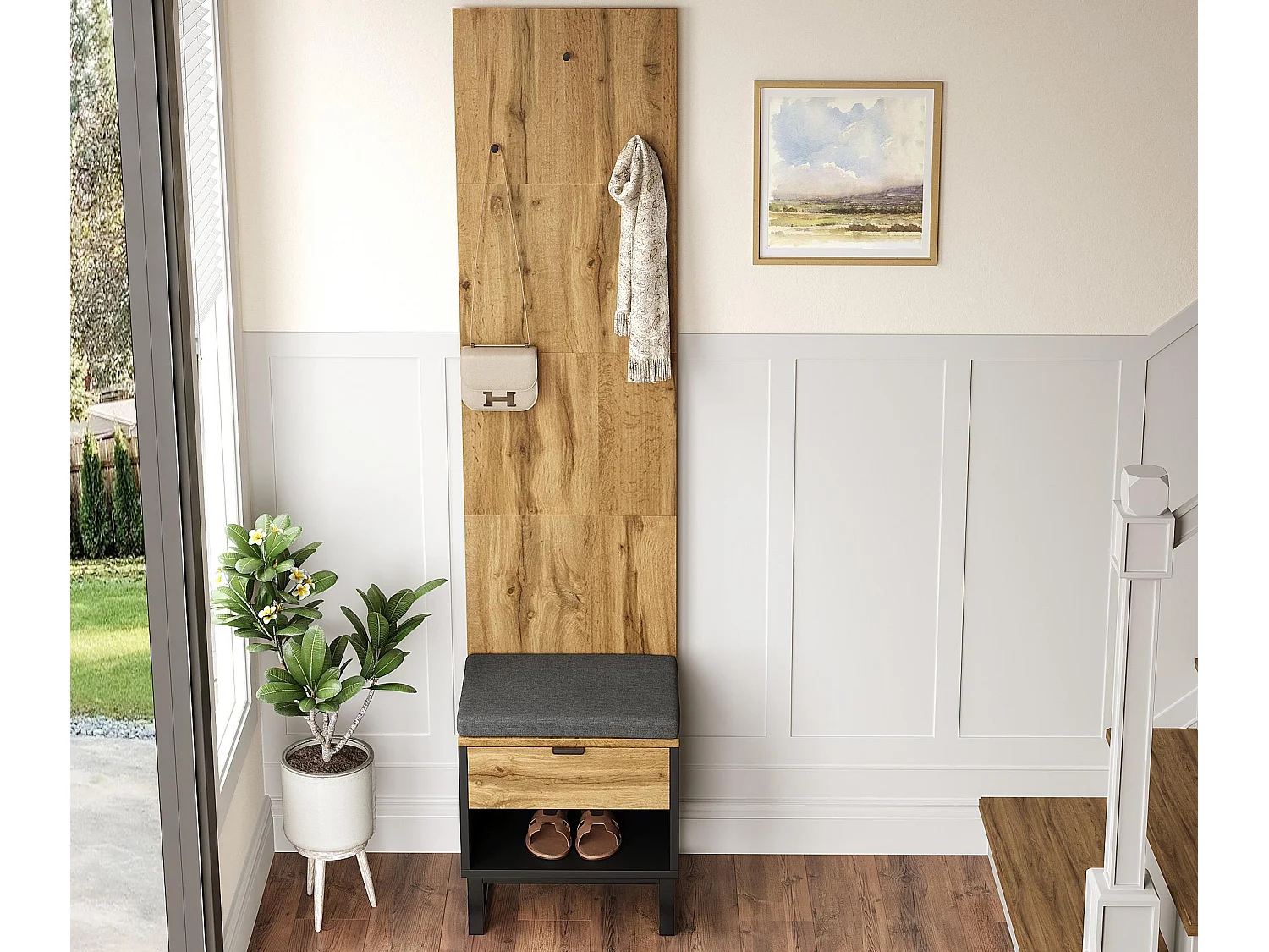 Garderobe mit Schuhhocker + Kissen - mit Schublade - Natur
