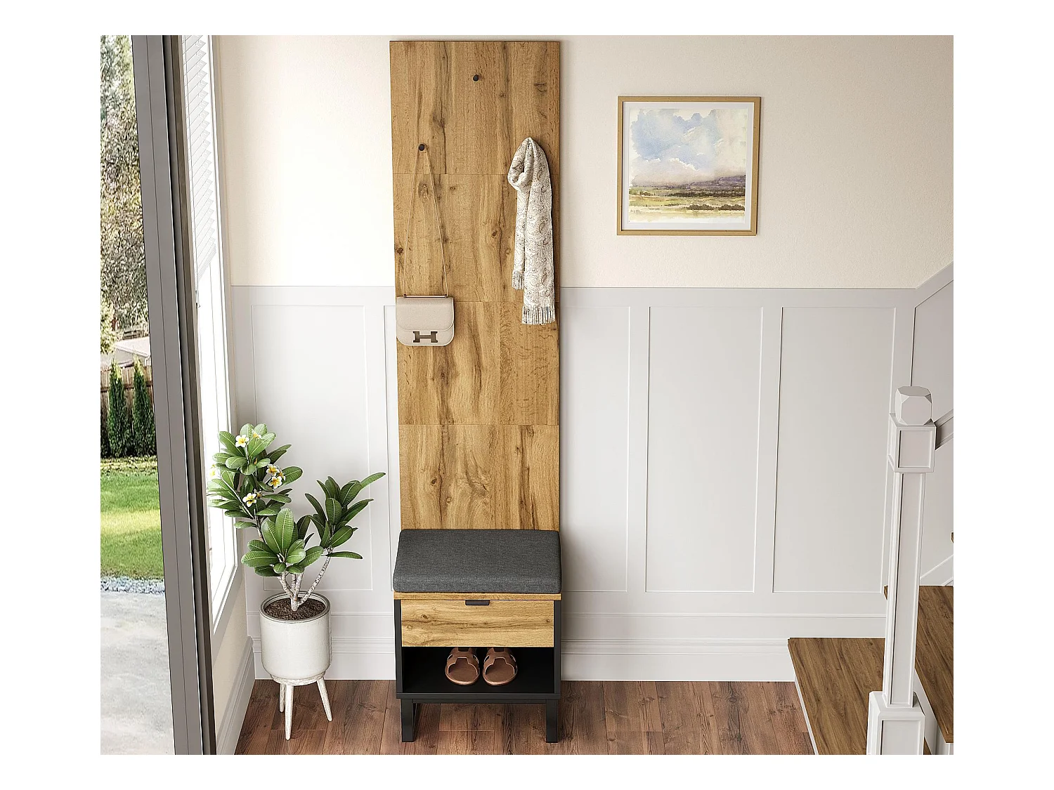 Vestiaire avec tabouret à chaussures + coussin - avec tiroir - Naturel