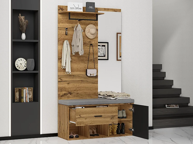 Garderobe mit Garderobe + Schuhbank + Spiegel - Natur