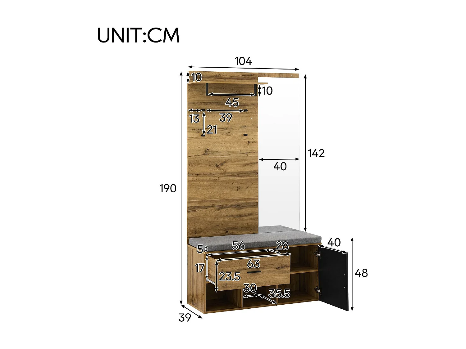 Garderobe met kapstok + schoenenbank + spiegel - Naturel