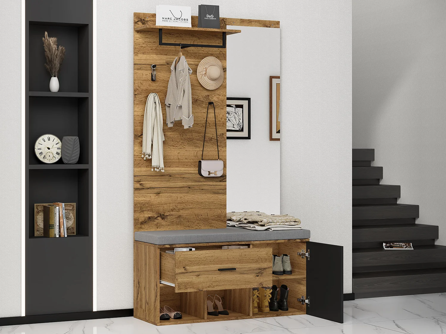 Vestiaire avec porte manteau + banc à chaussures + miroir - Naturel