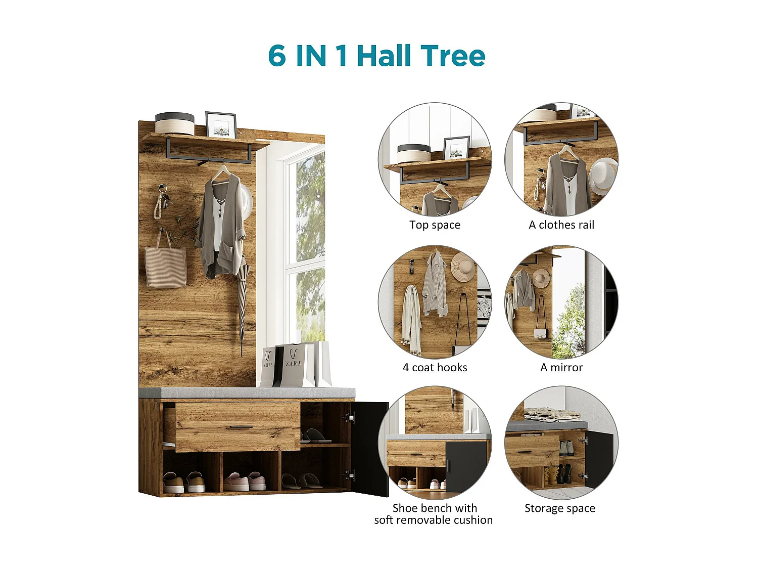 Vestiaire avec porte manteau + banc à chaussures + miroir - Naturel