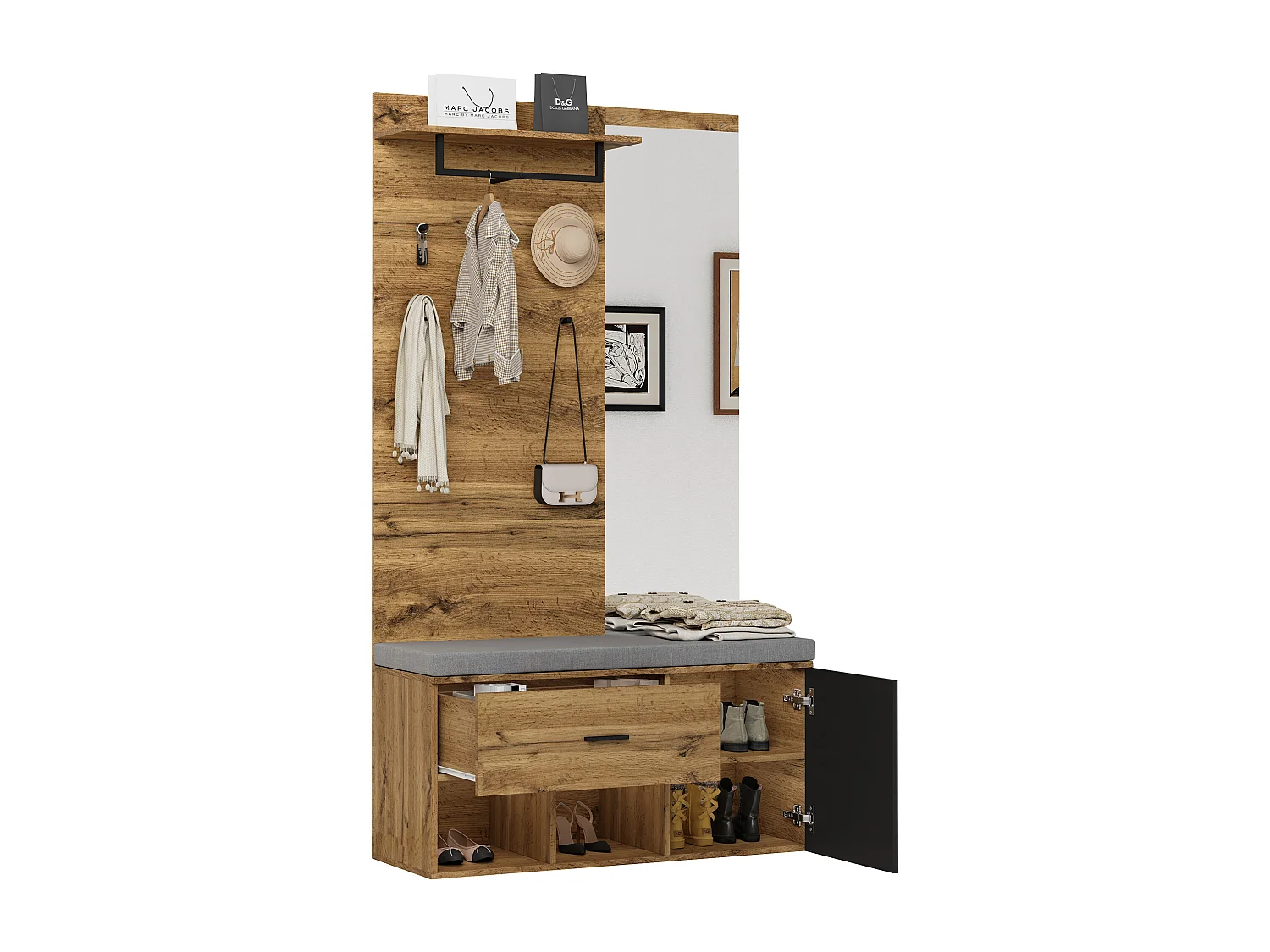 Vestiaire avec porte manteau + banc à chaussures + miroir - Naturel