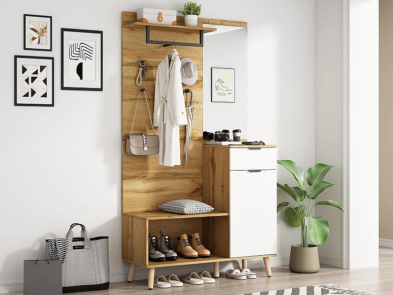 Garderobe met kapstok + schoenenkast + spiegel - Naturel