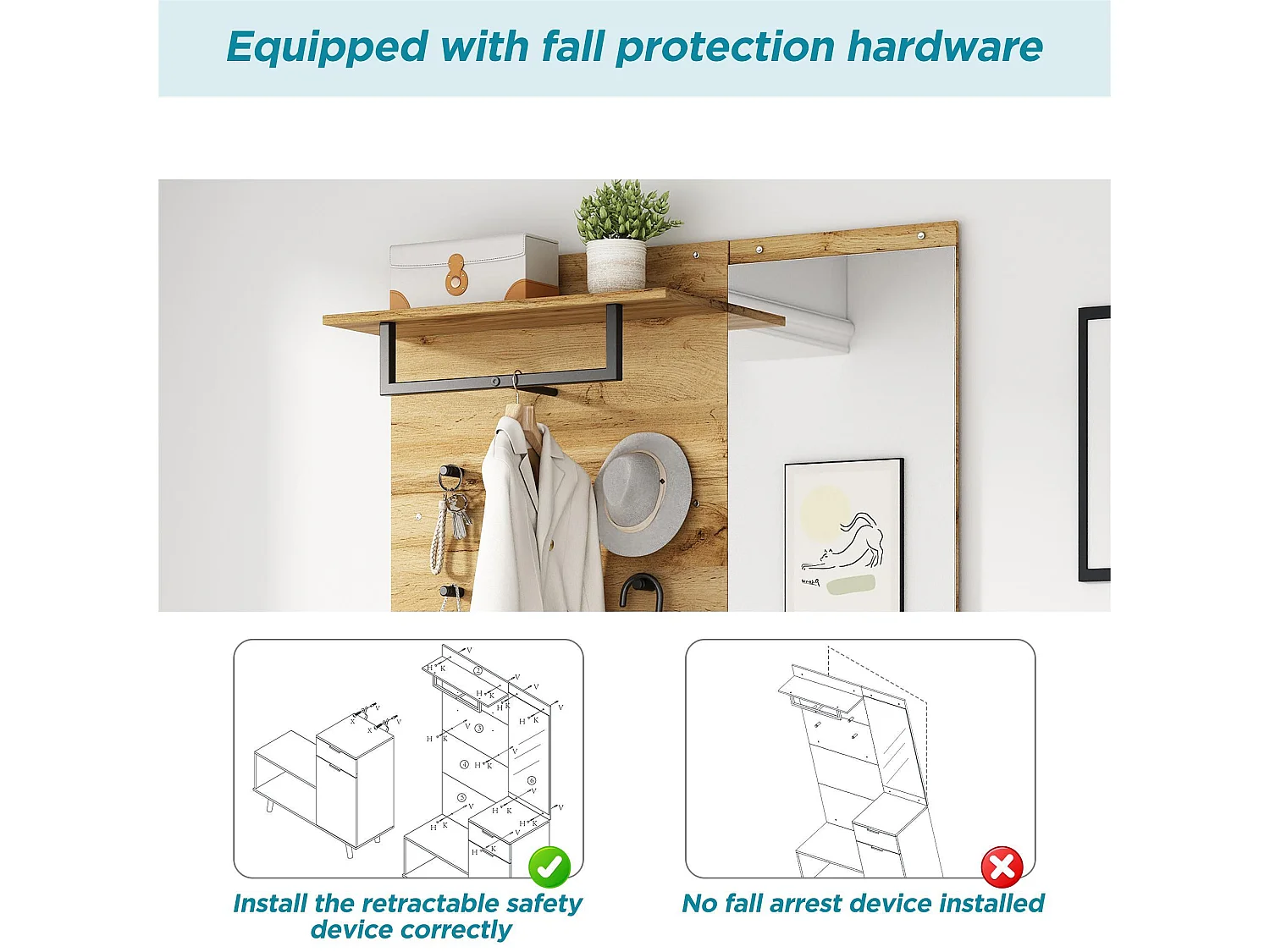 Garderobe met kapstok + schoenenkast + spiegel - Naturel