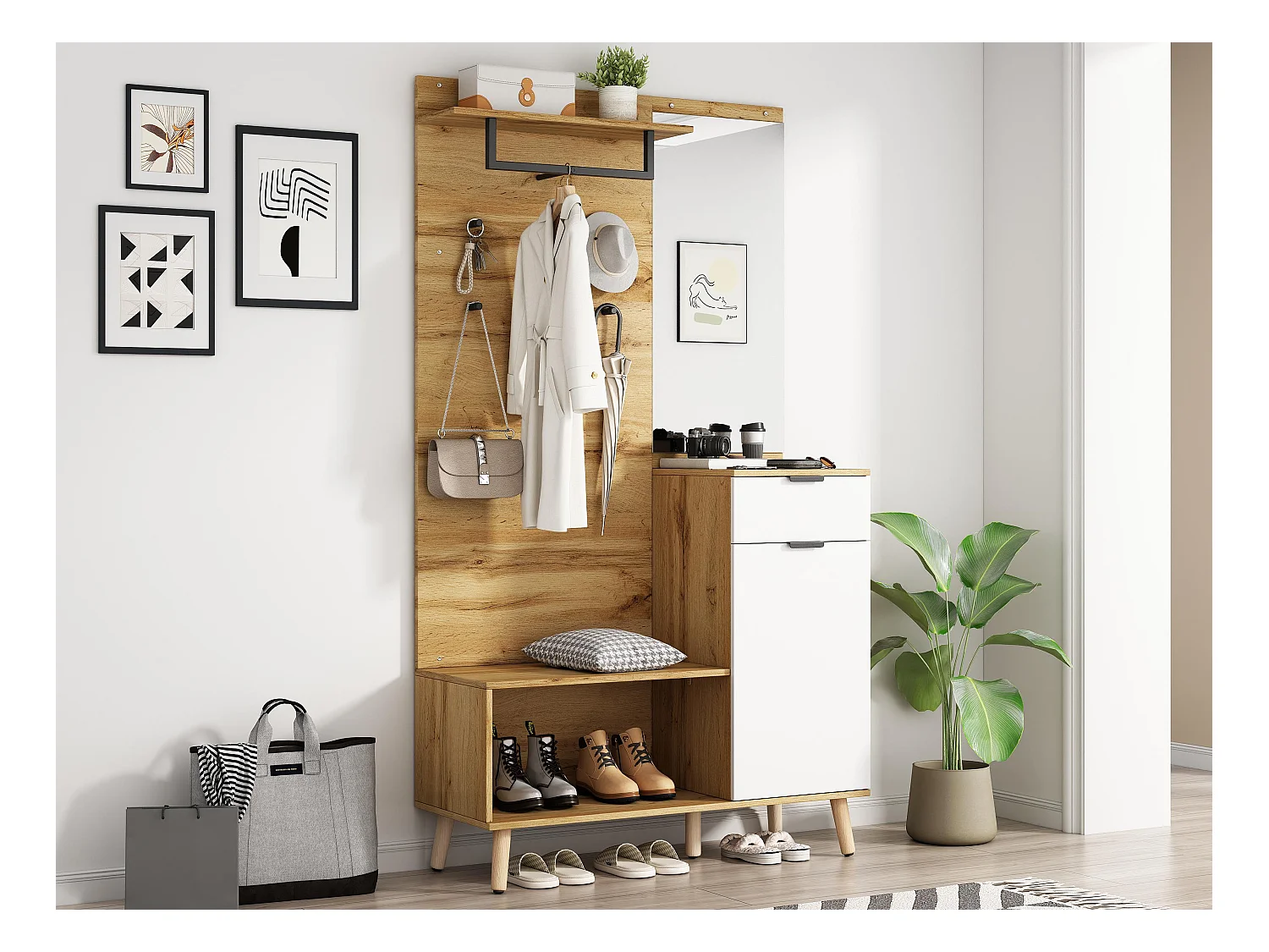 Garderobe met kapstok + schoenenkast + spiegel - Naturel