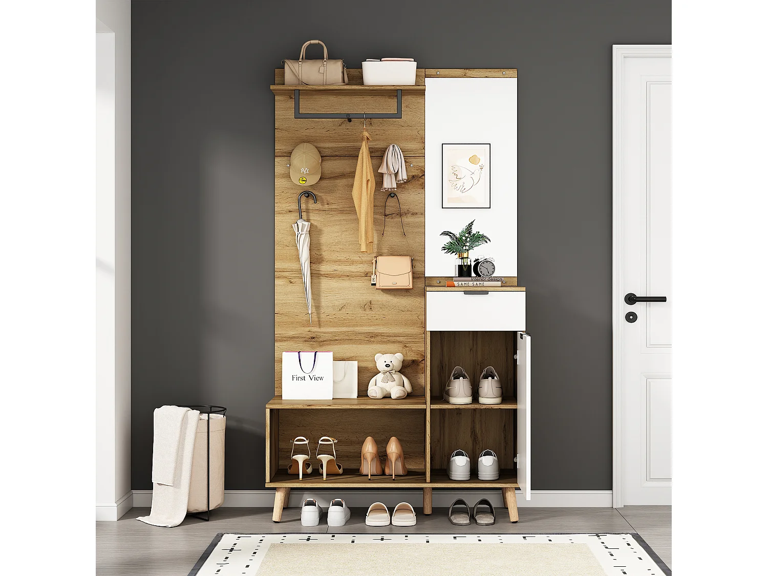 Vestiaire avec porte manteau + meuble à chaussures + miroir - Naturel