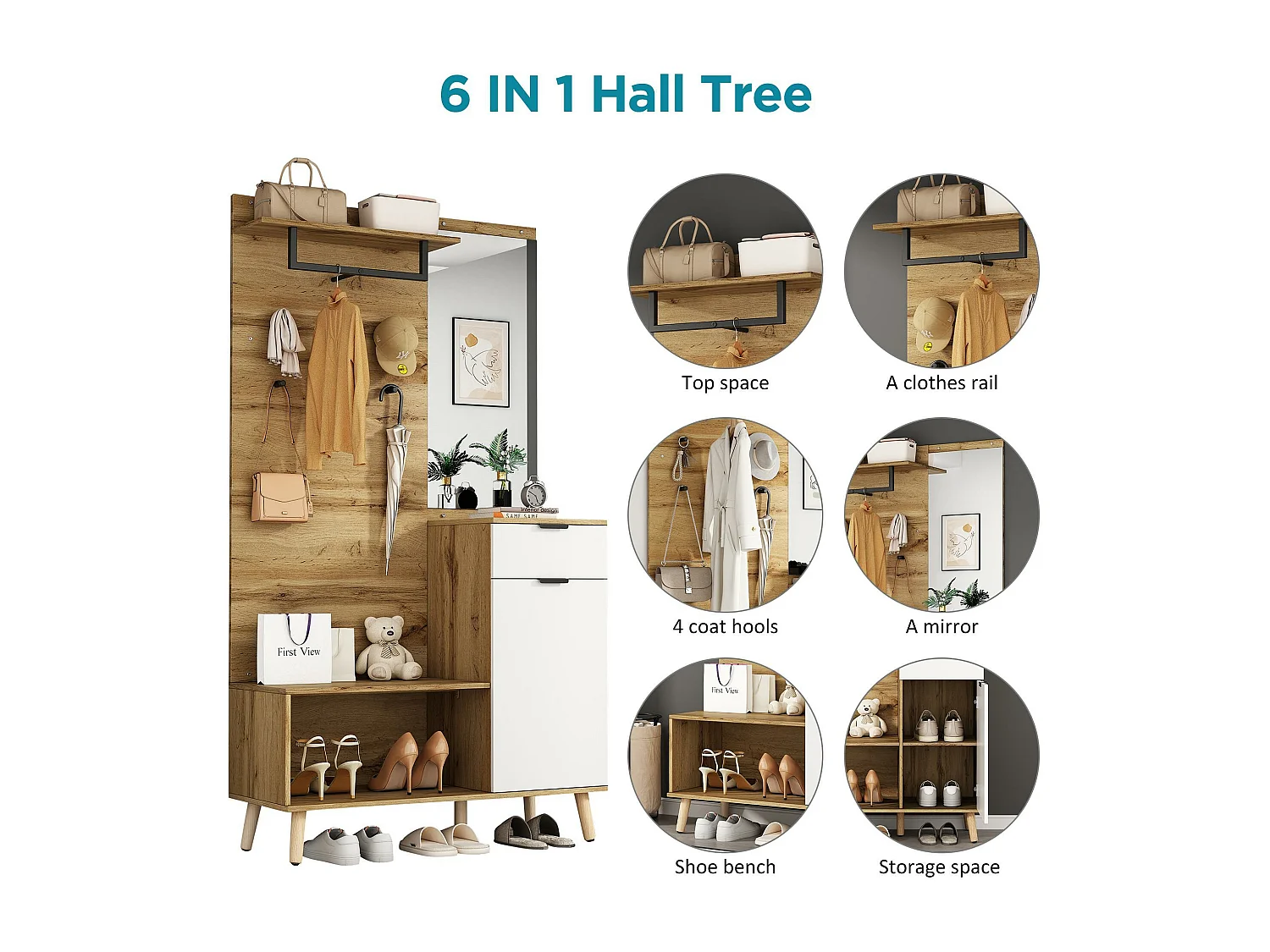 Vestiaire avec porte manteau + meuble à chaussures + miroir - Naturel