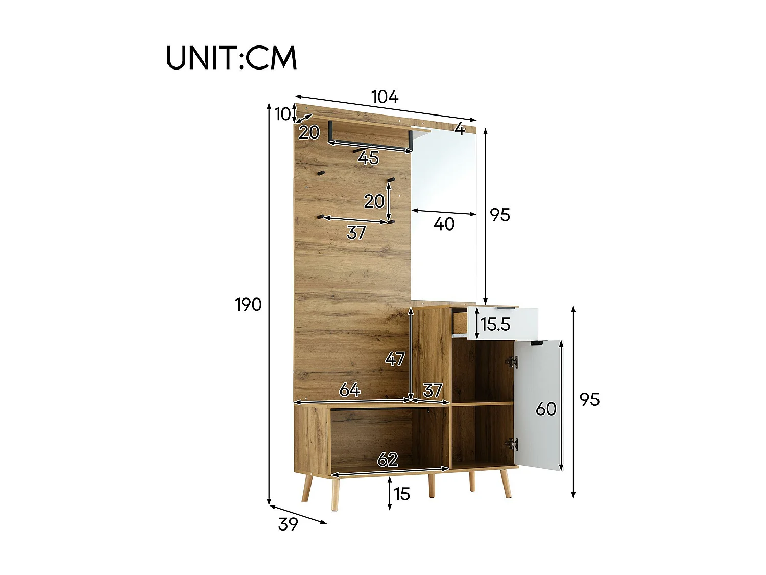 Vestiaire avec porte manteau + meuble à chaussures + miroir - Naturel