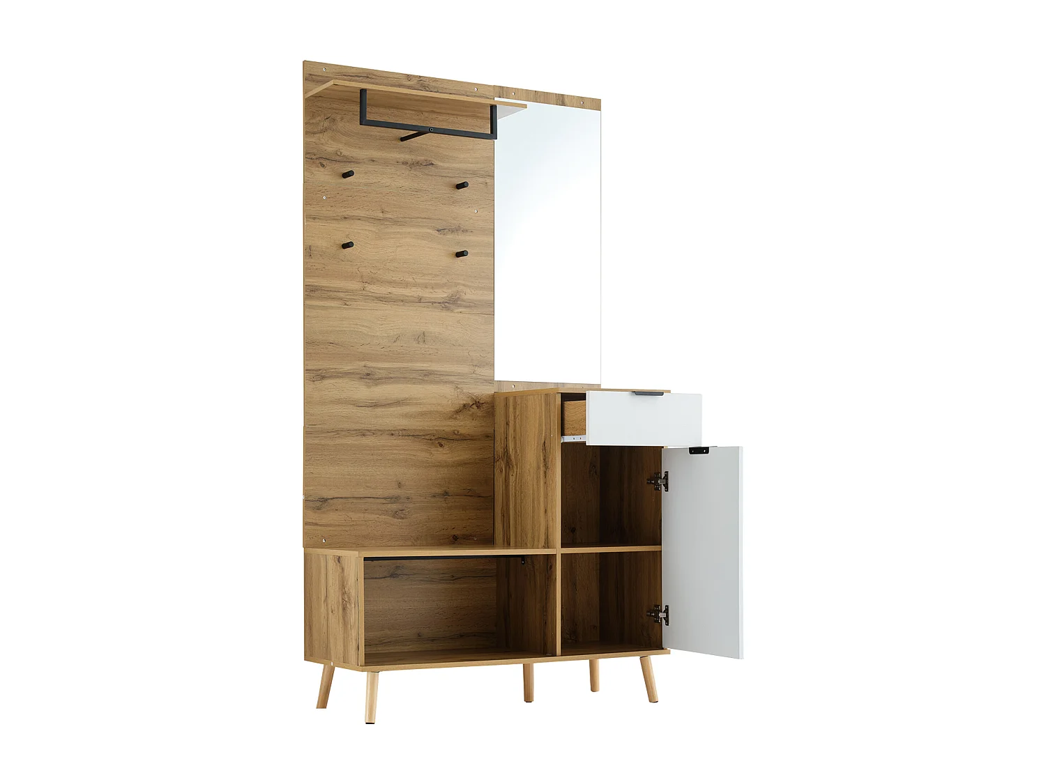 Vestiaire avec porte manteau + meuble à chaussures + miroir - Naturel