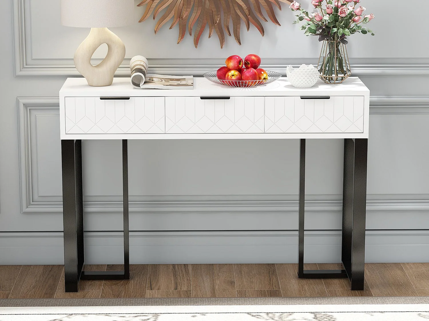 Table console moderne, avec 2 tiroirs, pieds réglables, Blanc & Noir