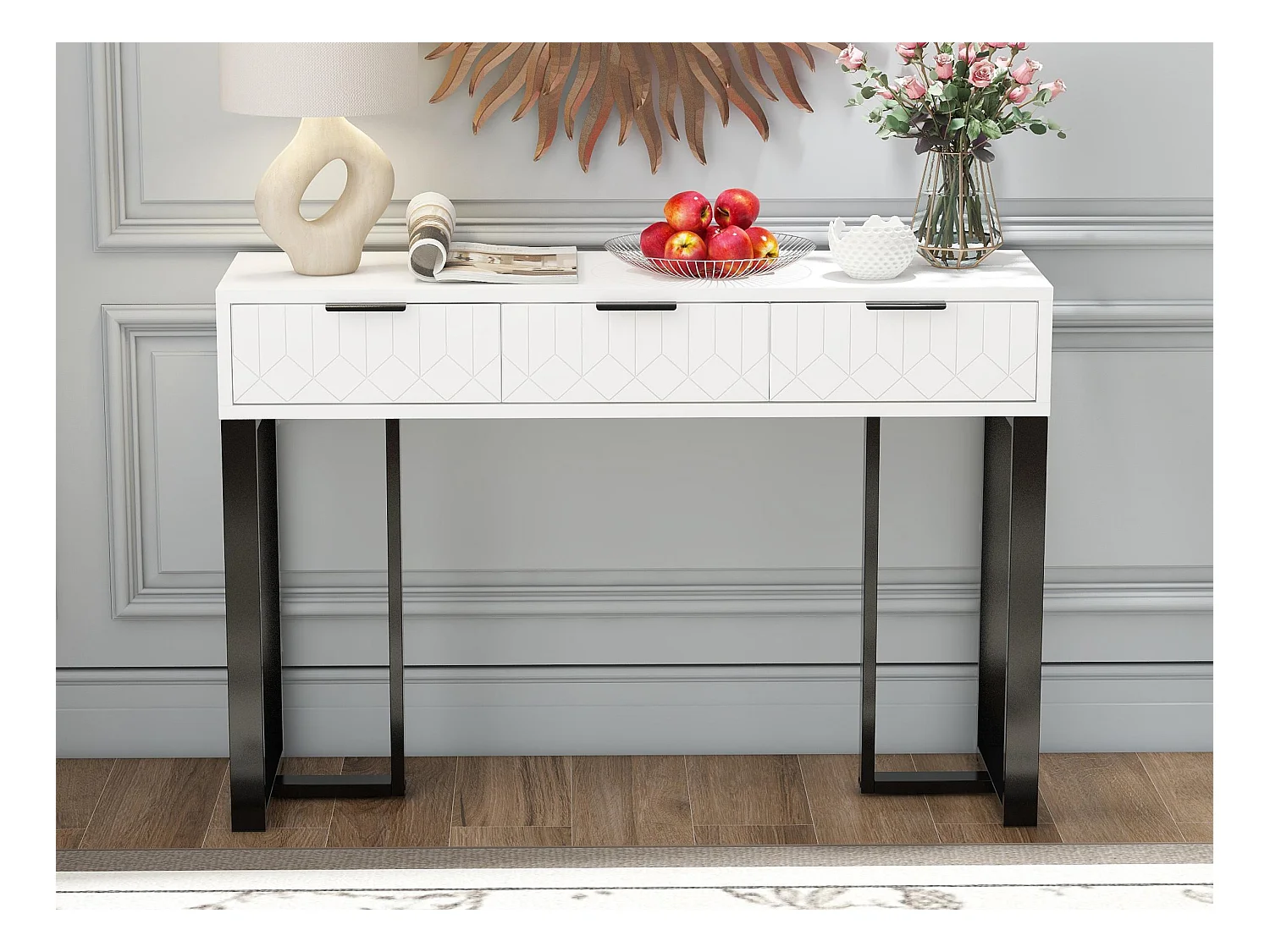 Table console moderne, avec 2 tiroirs, pieds réglables, Blanc & Noir