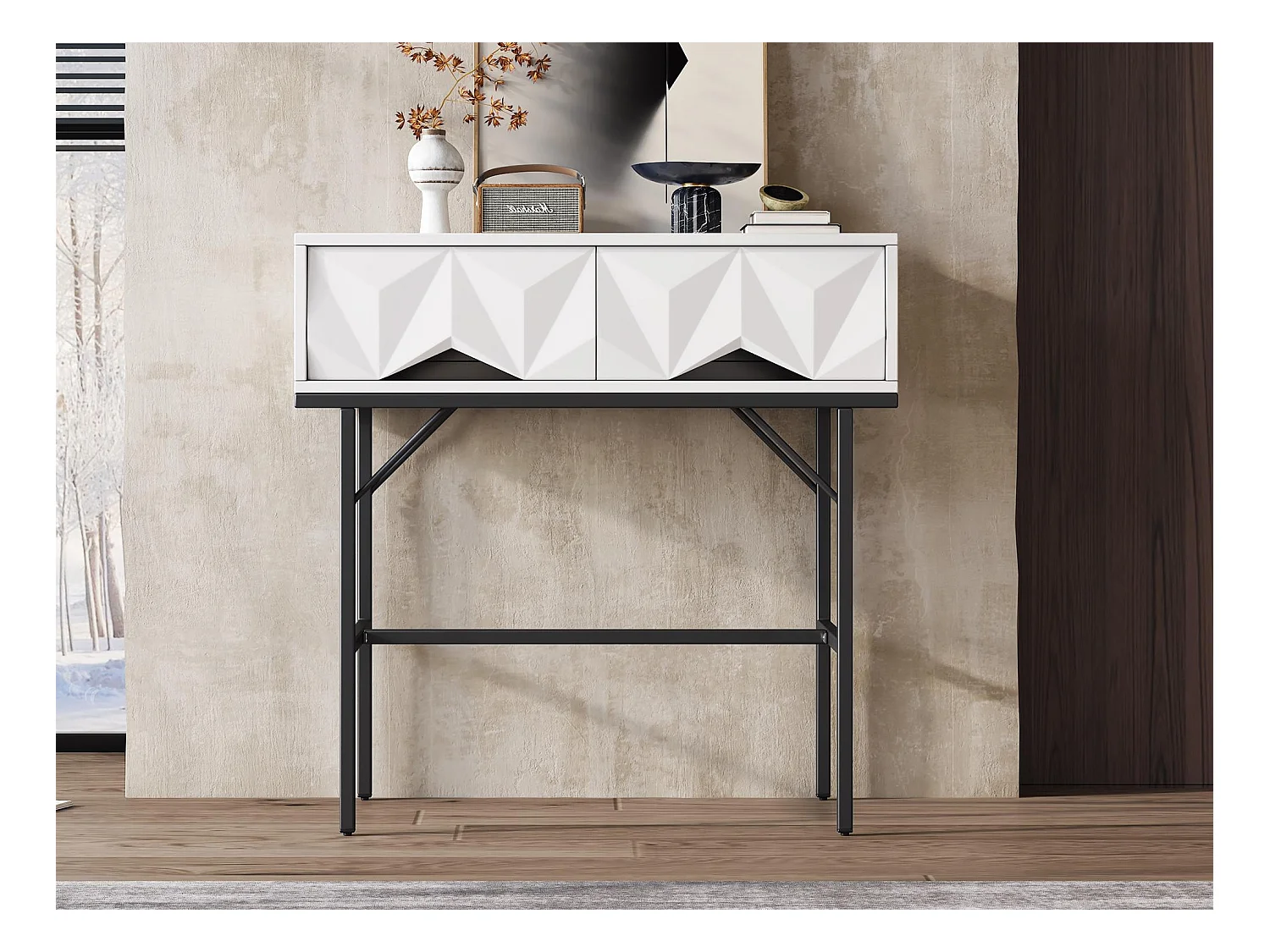 Moderner Konsolentisch, hohles Design mit 2 Schubladen, Weiß und Schwarz