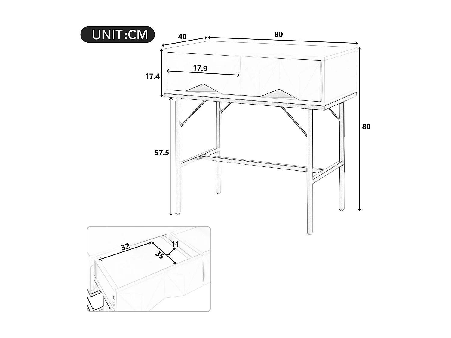 Moderner Konsolentisch, hohles Design mit 2 Schubladen, Weiß und Schwarz