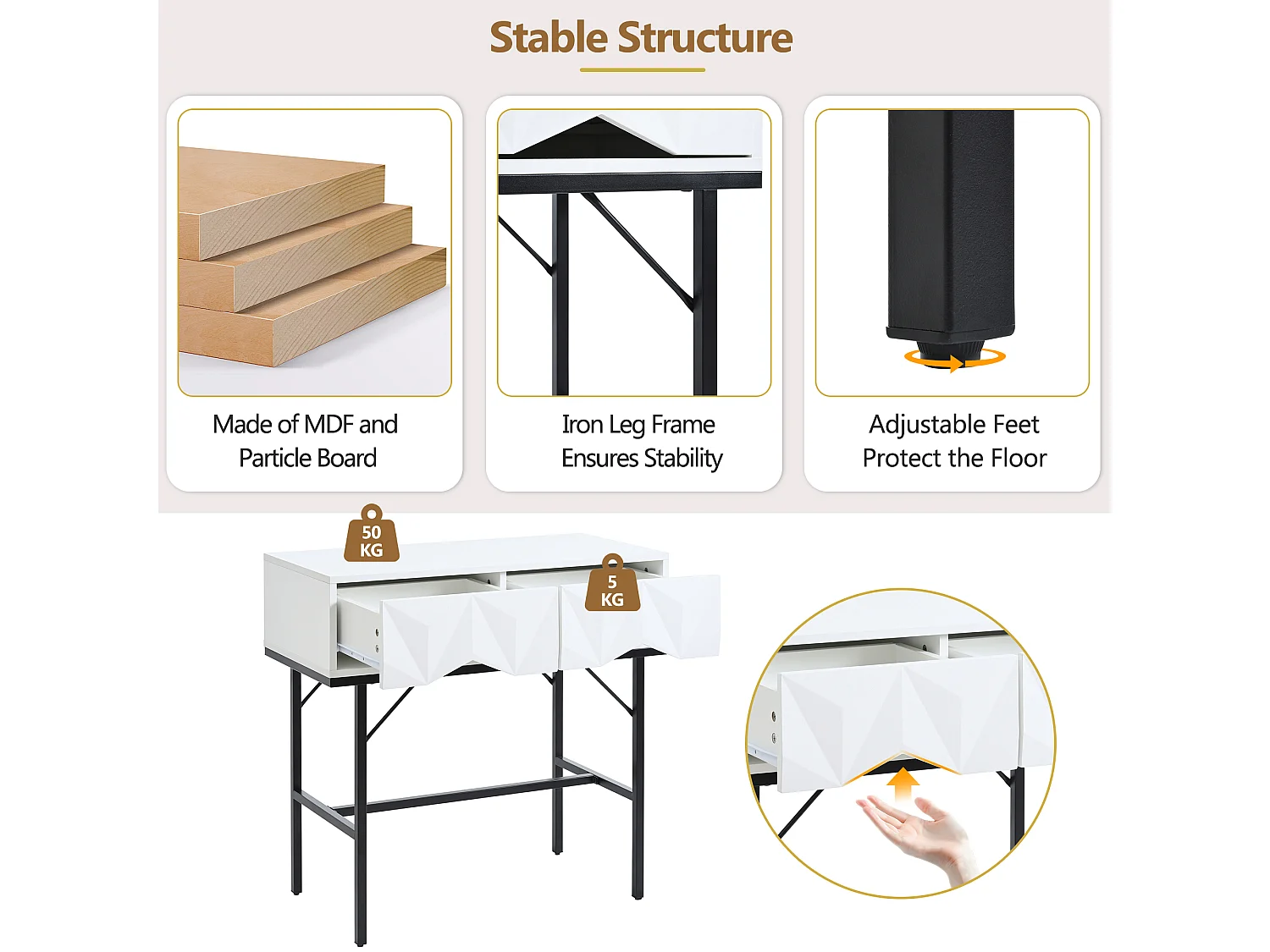 Moderner Konsolentisch, hohles Design mit 2 Schubladen, Weiß und Schwarz