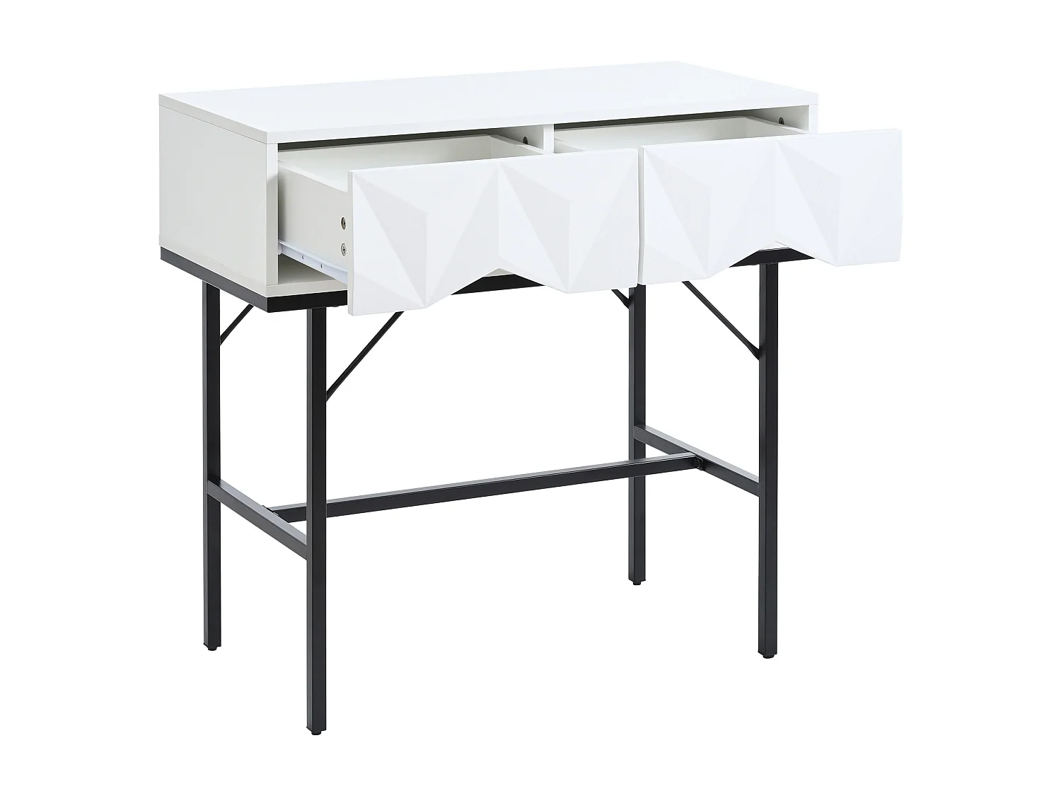 Moderner Konsolentisch, hohles Design mit 2 Schubladen, Weiß und Schwarz