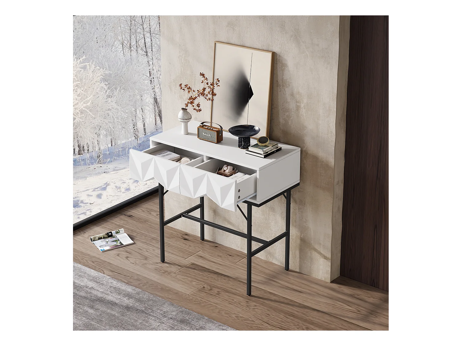 Table console moderne, design creux à 2 tiroirs, Blanc & Noir