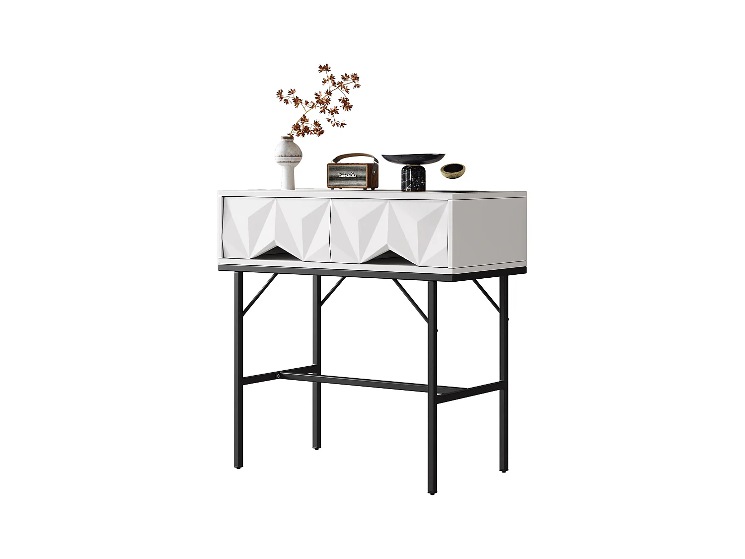 Table console moderne, design creux à 2 tiroirs, Blanc & Noir