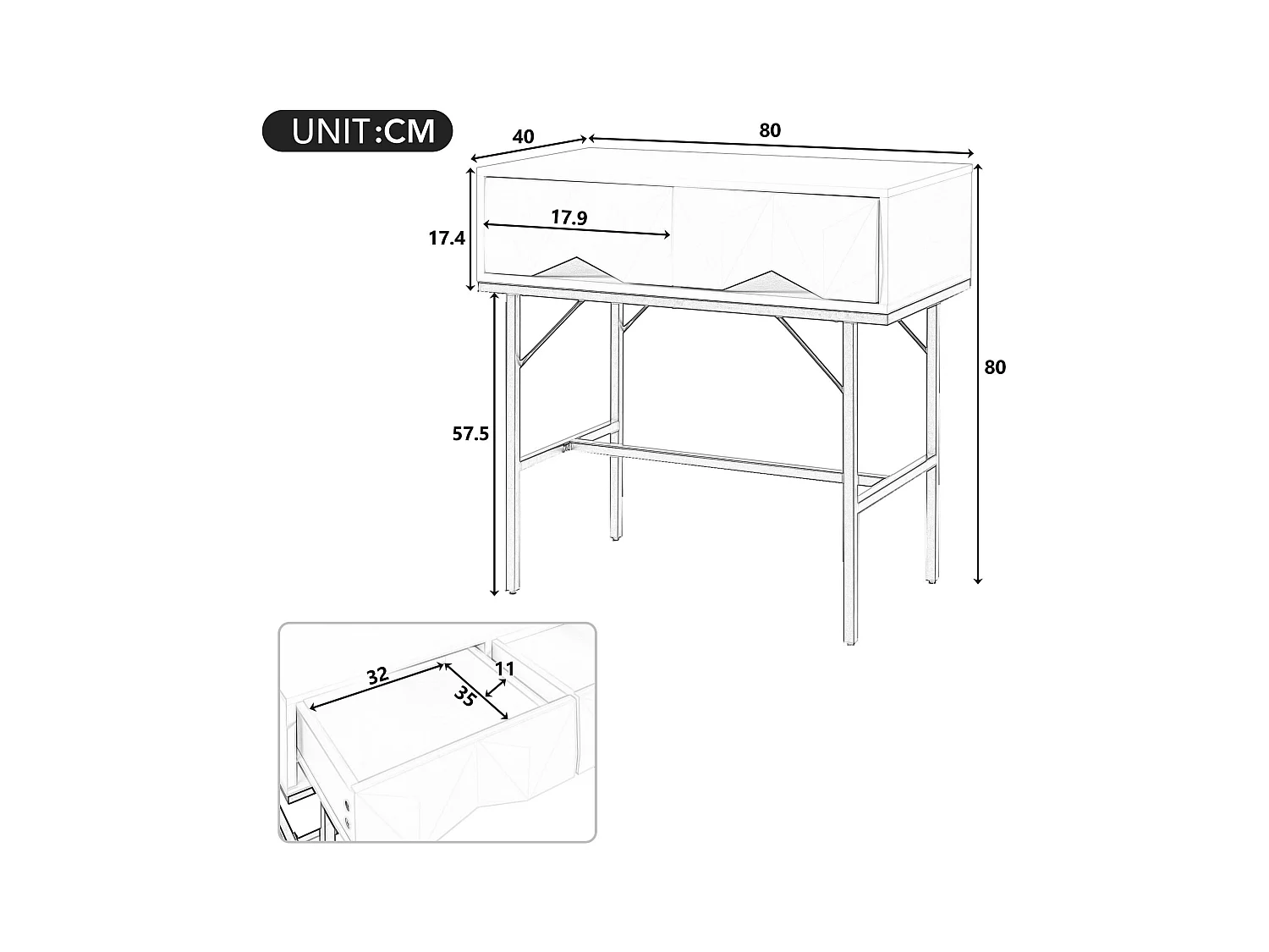 Table console moderne, design creux à 2 tiroirs, Blanc & Noir