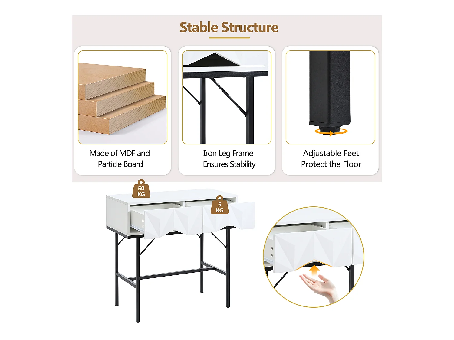 Table console moderne, design creux à 2 tiroirs, Blanc & Noir