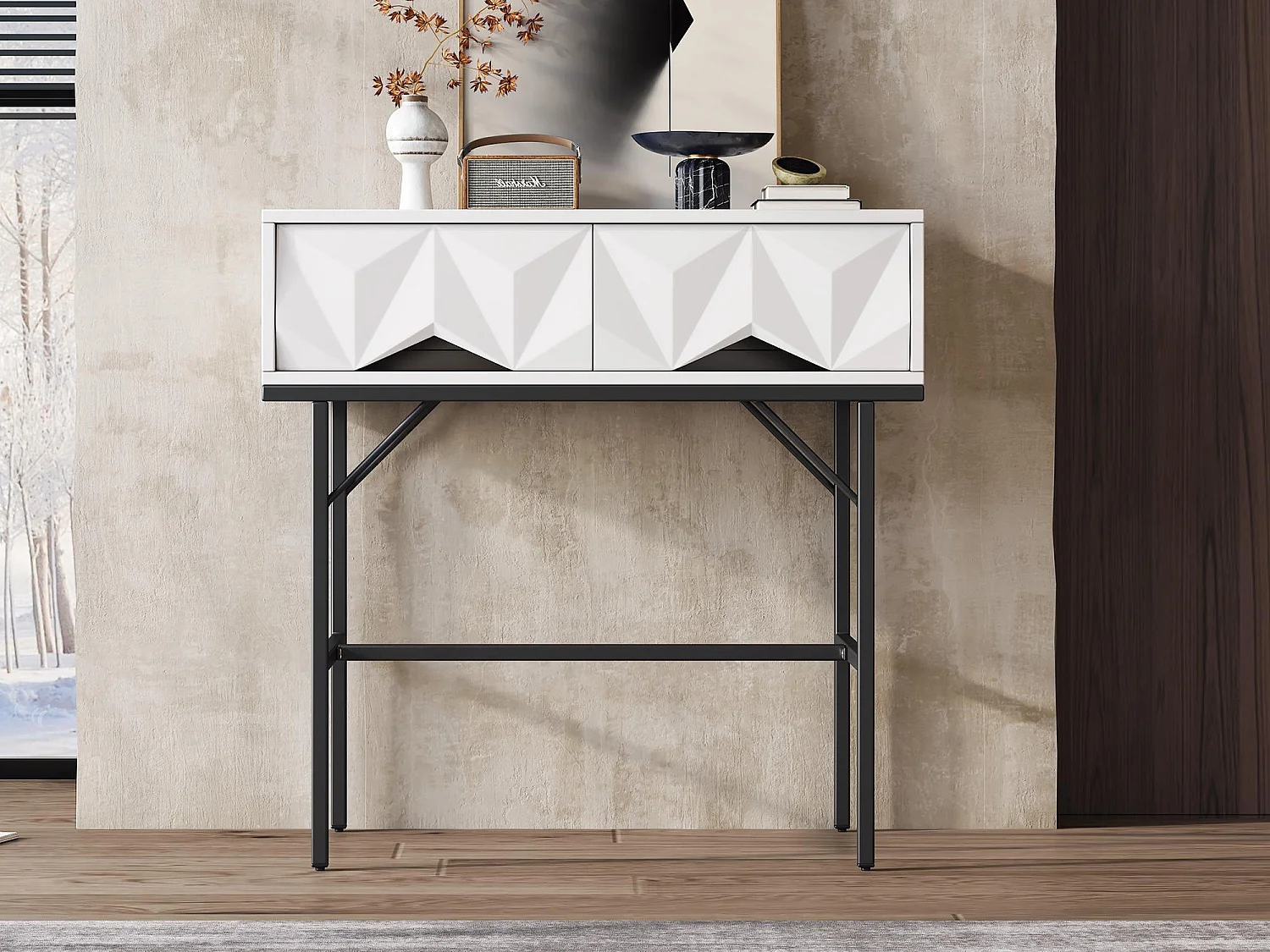 Table console moderne, design creux à 2 tiroirs, Blanc & Noir