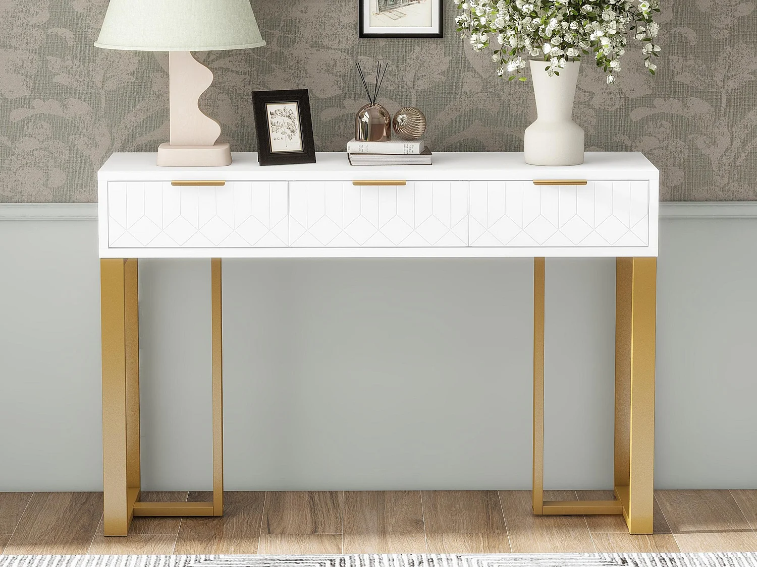 Table console moderne, avec 2 tiroirs, pieds réglables, Blanc & Doré