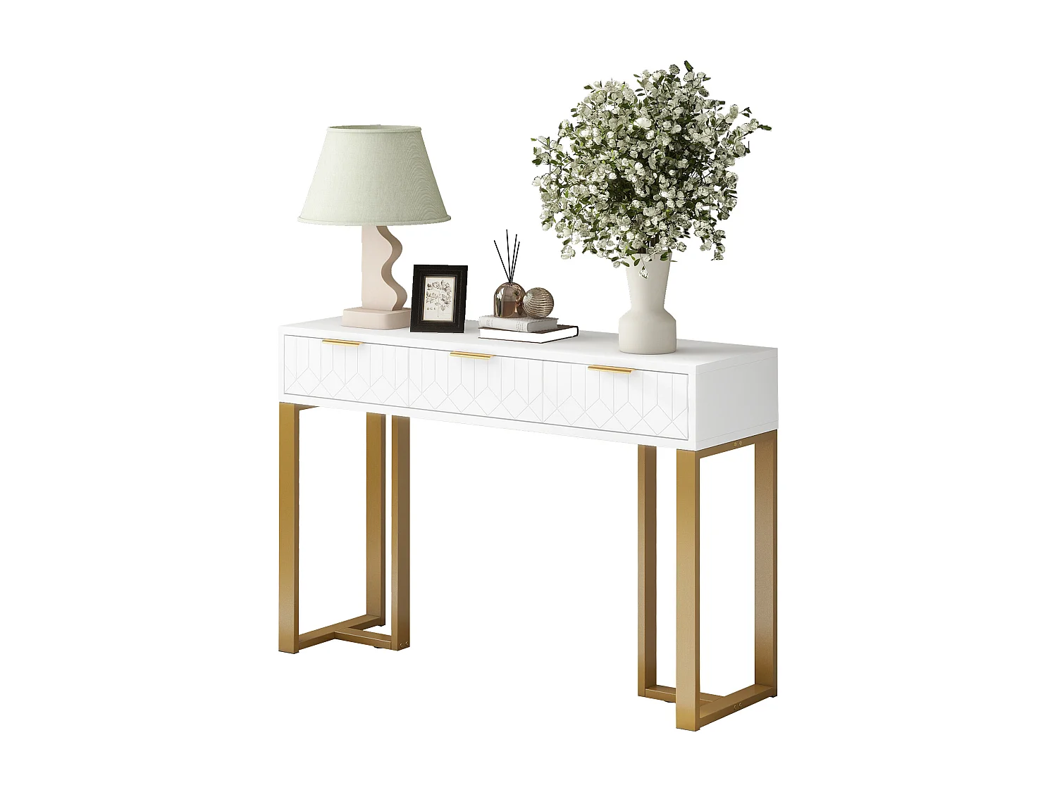 Table console moderne, avec 2 tiroirs, pieds réglables, Blanc & Doré