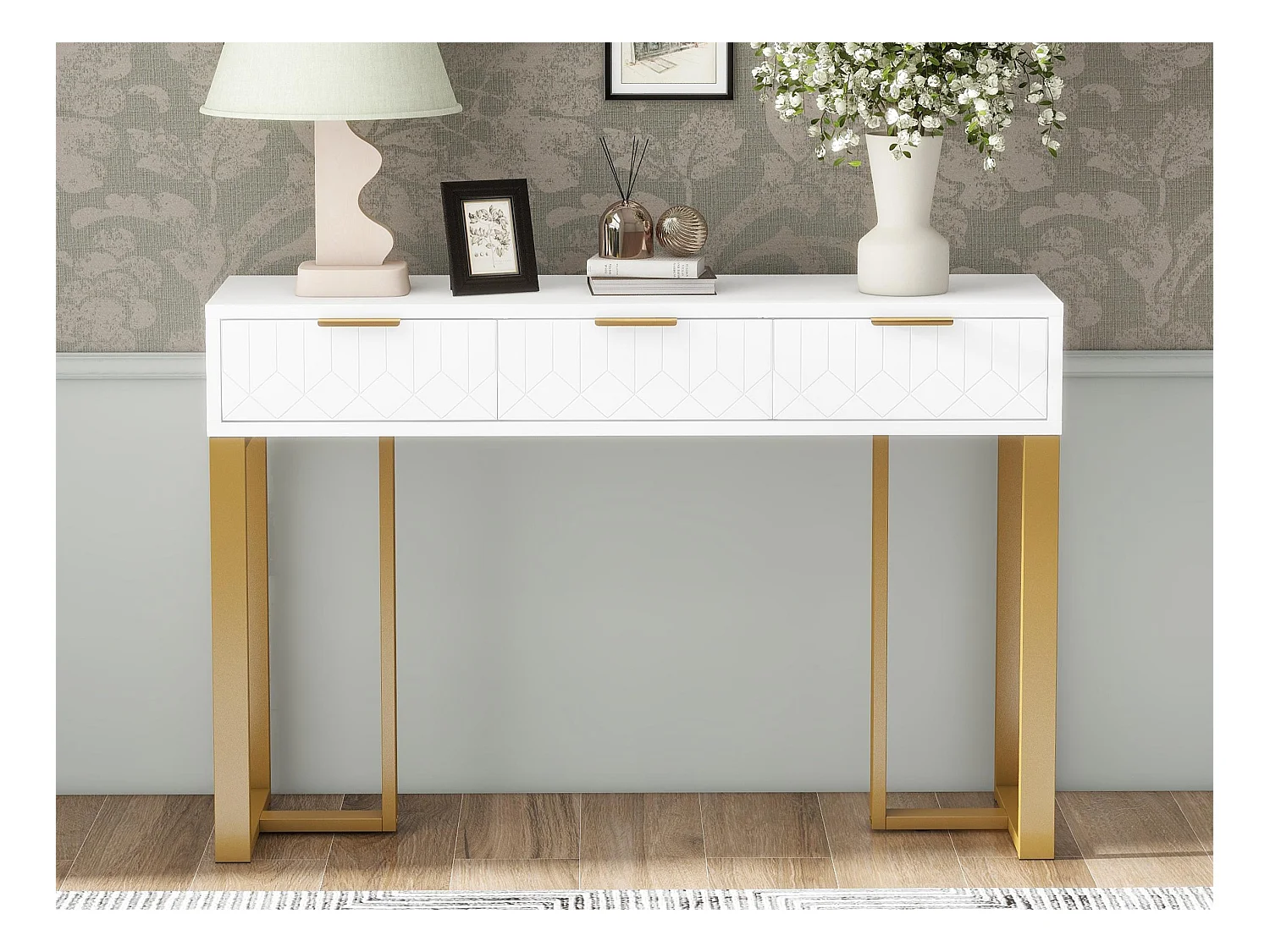 Table console moderne, avec 2 tiroirs, pieds réglables, Blanc & Doré