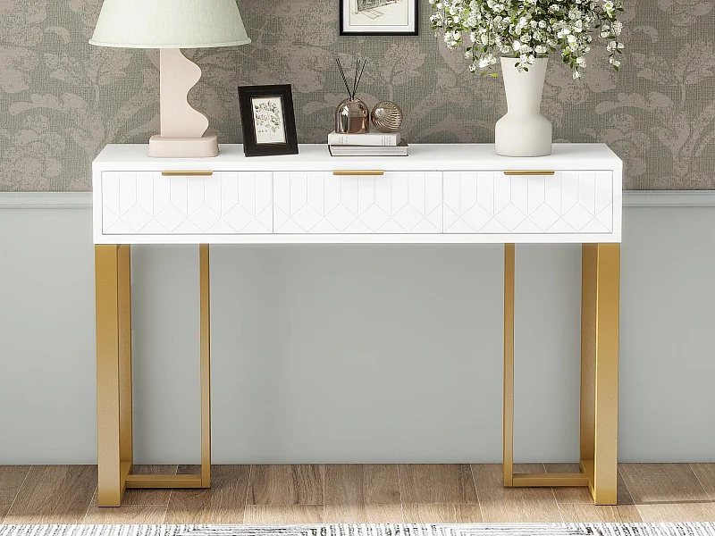Moderne consoletafel, met 2 laden, verstelbare poten, wit en goud