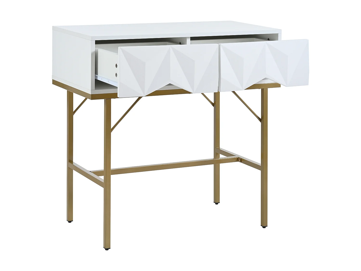 Mesa consola moderna, diseño hueco con 2 cajones, blanco y dorado
