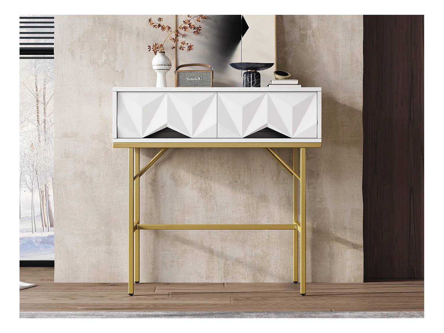 Moderne consoletafel, hol ontwerp met 2 laden, wit en goud