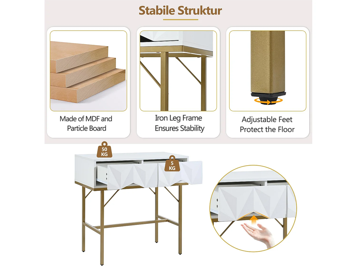 Moderne consoletafel, hol ontwerp met 2 laden, wit en goud