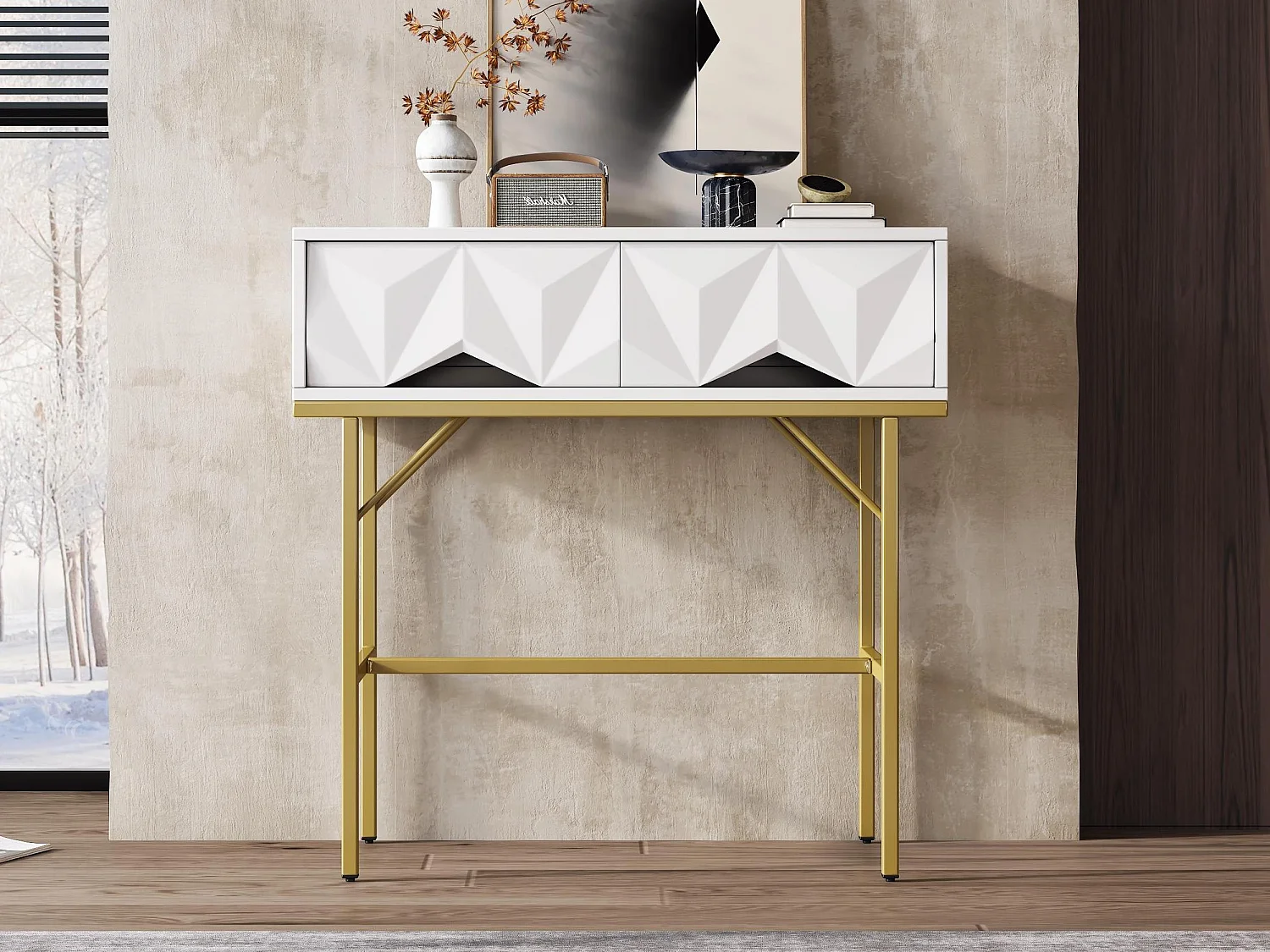 Table console moderne, design creux à 2 tiroirs, Blanc & Doré
