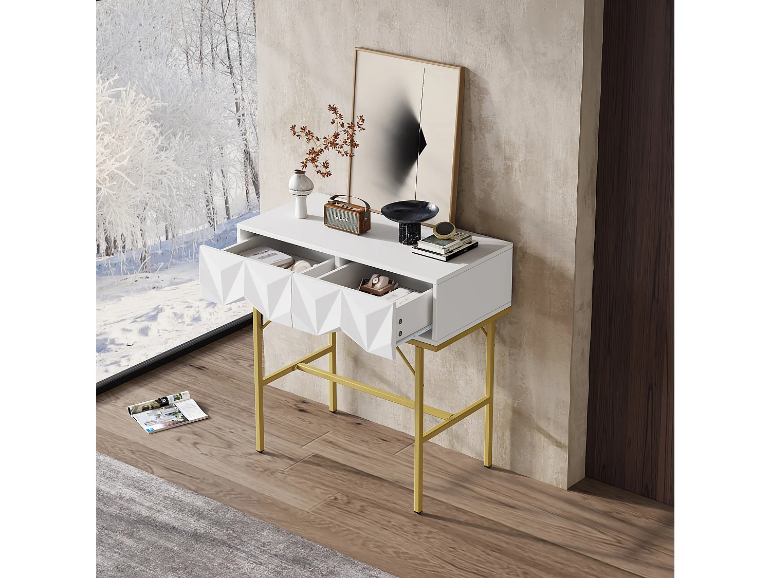 Table console moderne, design creux à 2 tiroirs, Blanc & Doré