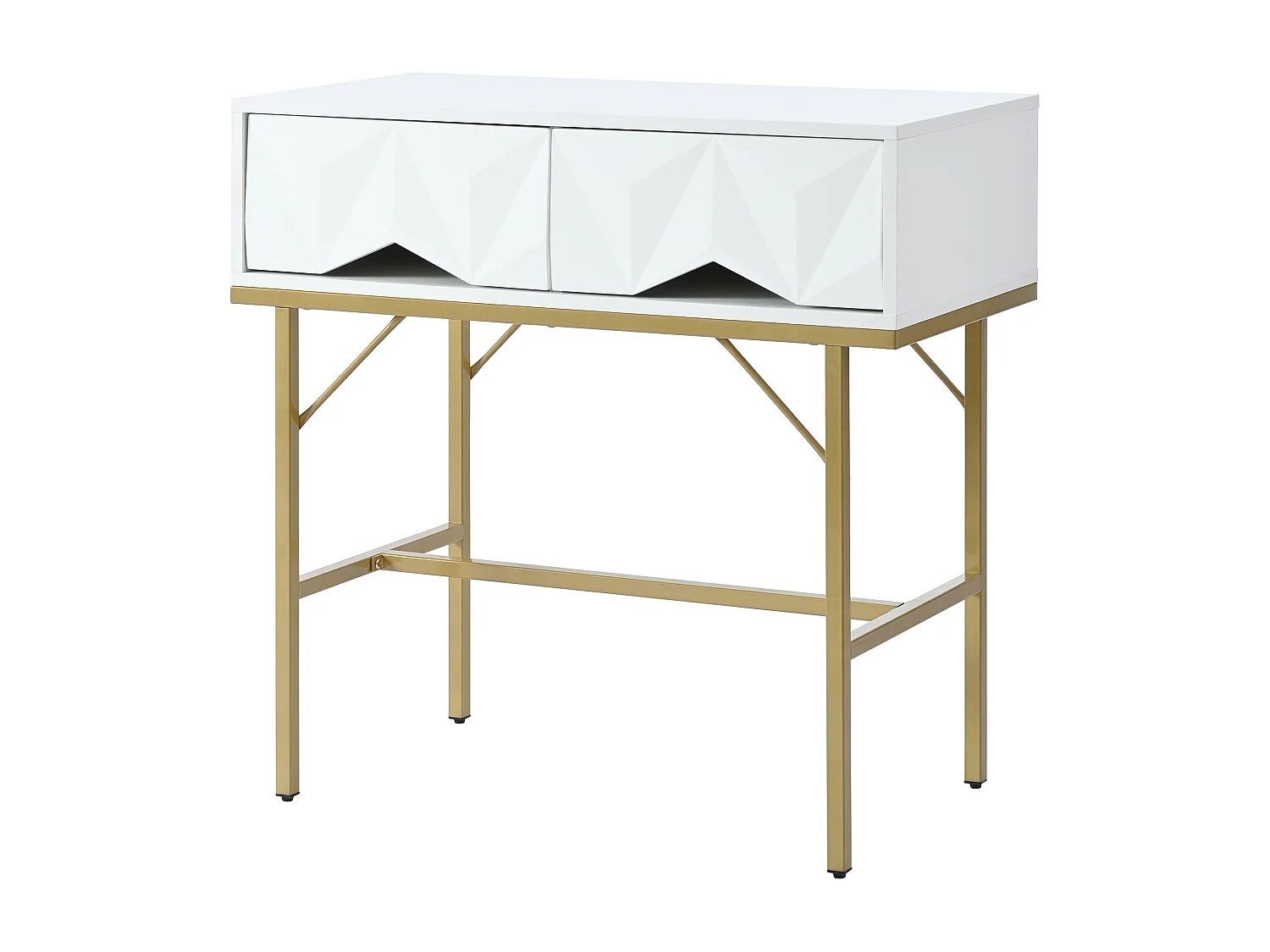 Table console moderne, design creux à 2 tiroirs, Blanc & Doré