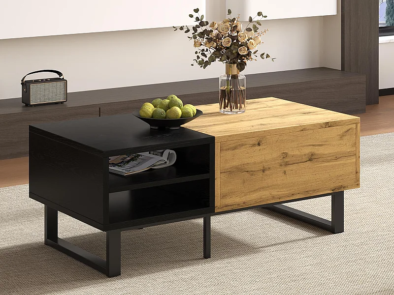 Table basse - 1 tiroir et 2 compartiments - Naturel & Noir