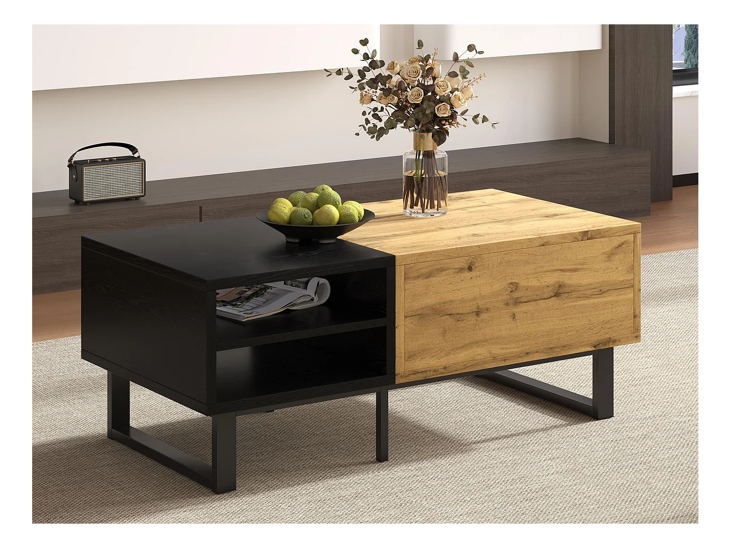Table basse - 1 tiroir et 2 compartiments - Naturel & Noir