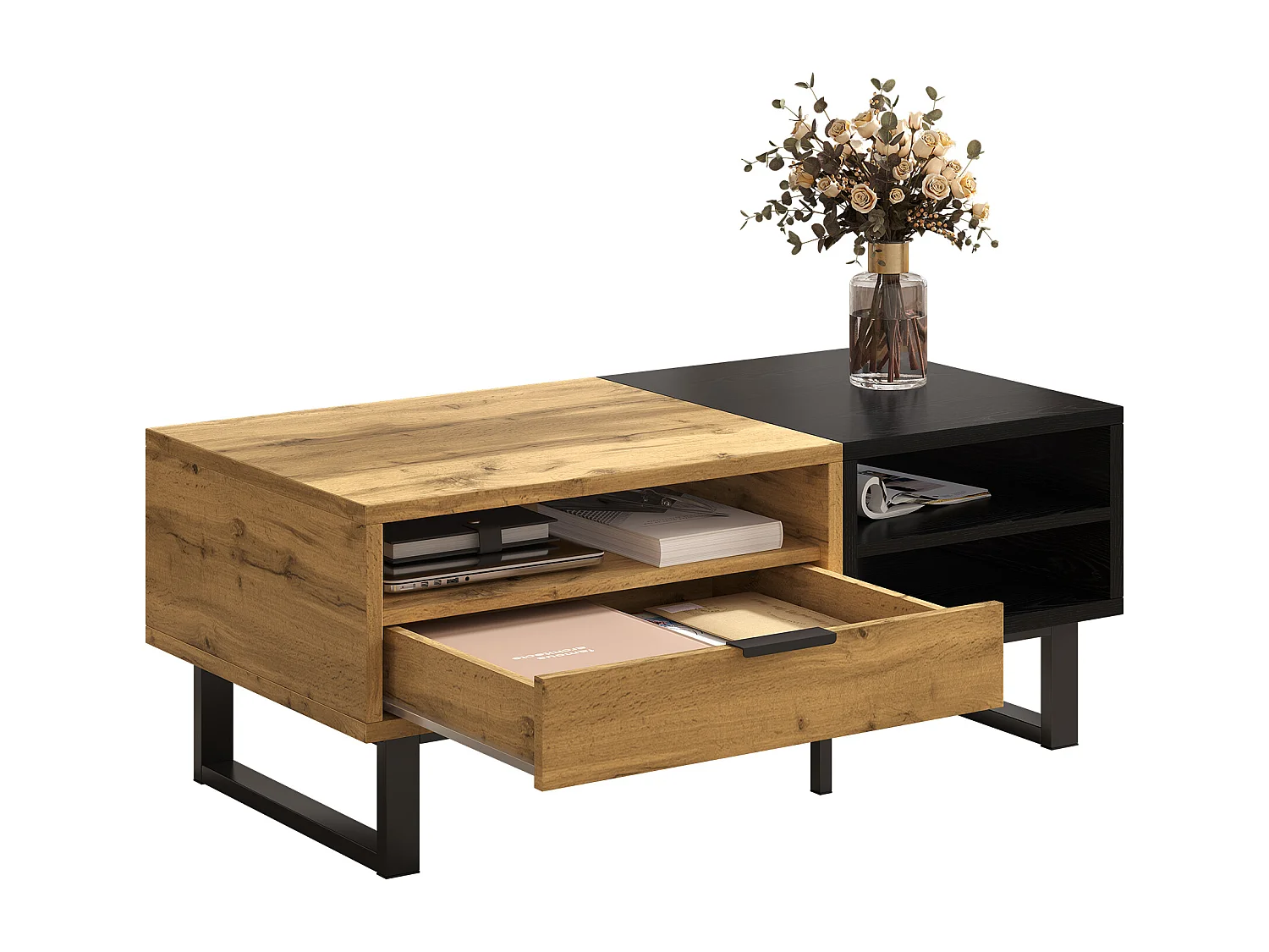 Salontafel - 1 lade en 2 vakken - Naturel & Zwart