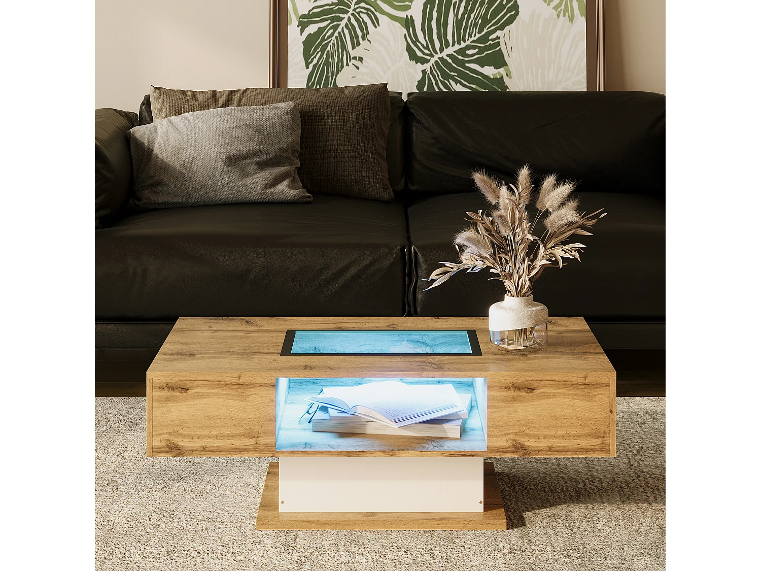 Table basse avec LED - MDF - 2 tiroirs - Naturel