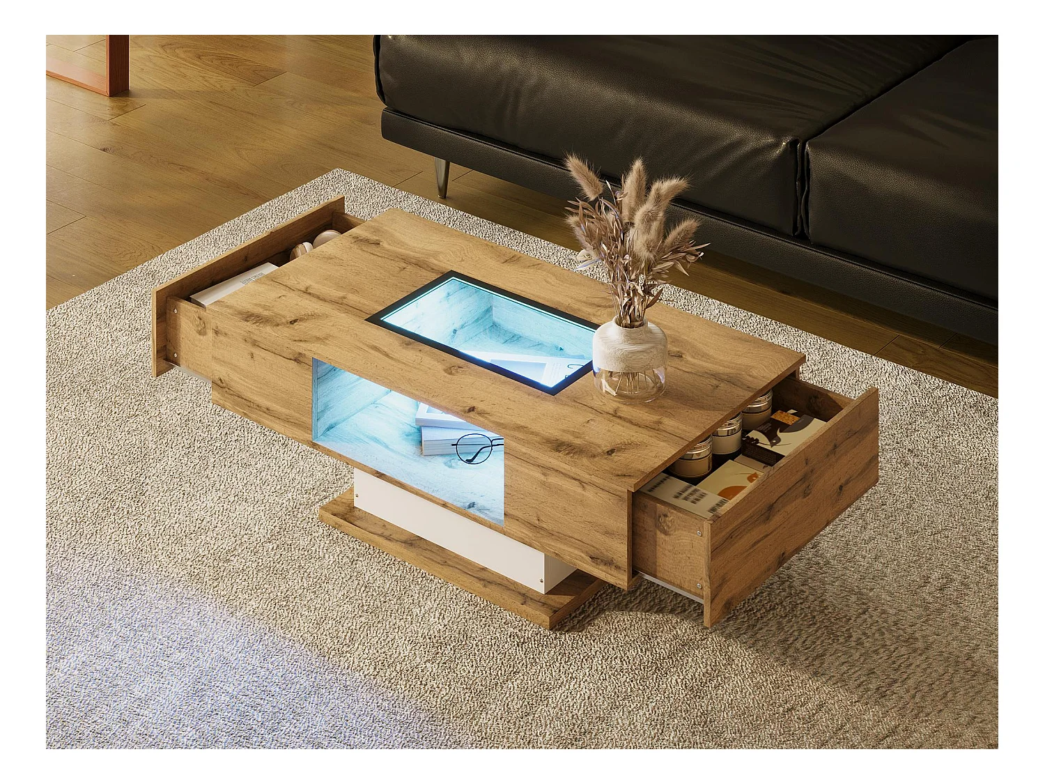 Table basse avec LED - MDF - 2 tiroirs - Naturel