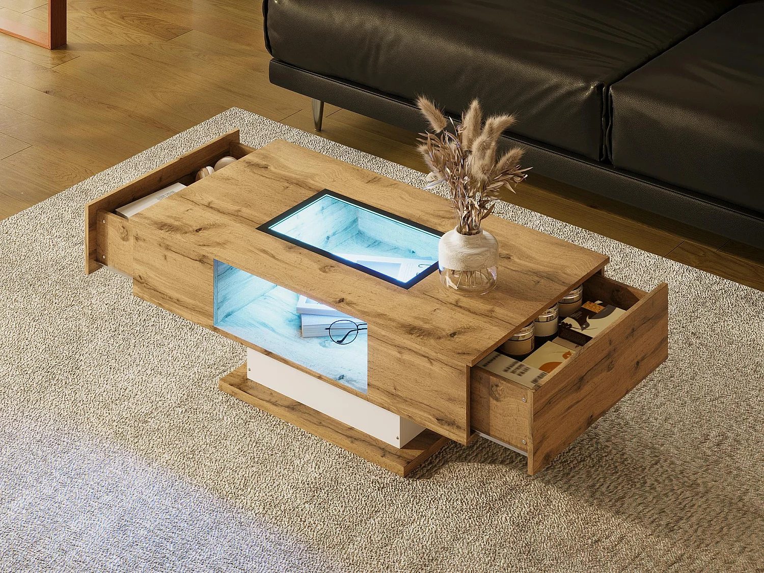 Tavolino con LED - MDF - 2 cassetti - Naturale