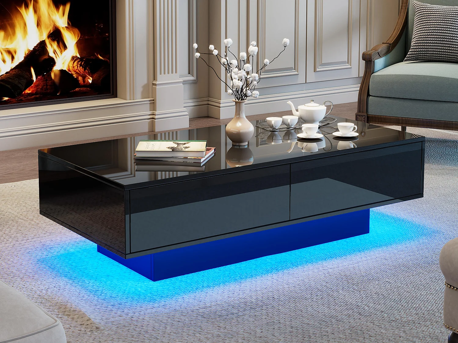 Table basse moderne avec LED - 2 tiroirs - Noir